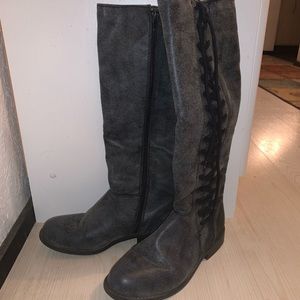 Grey and black tall boots